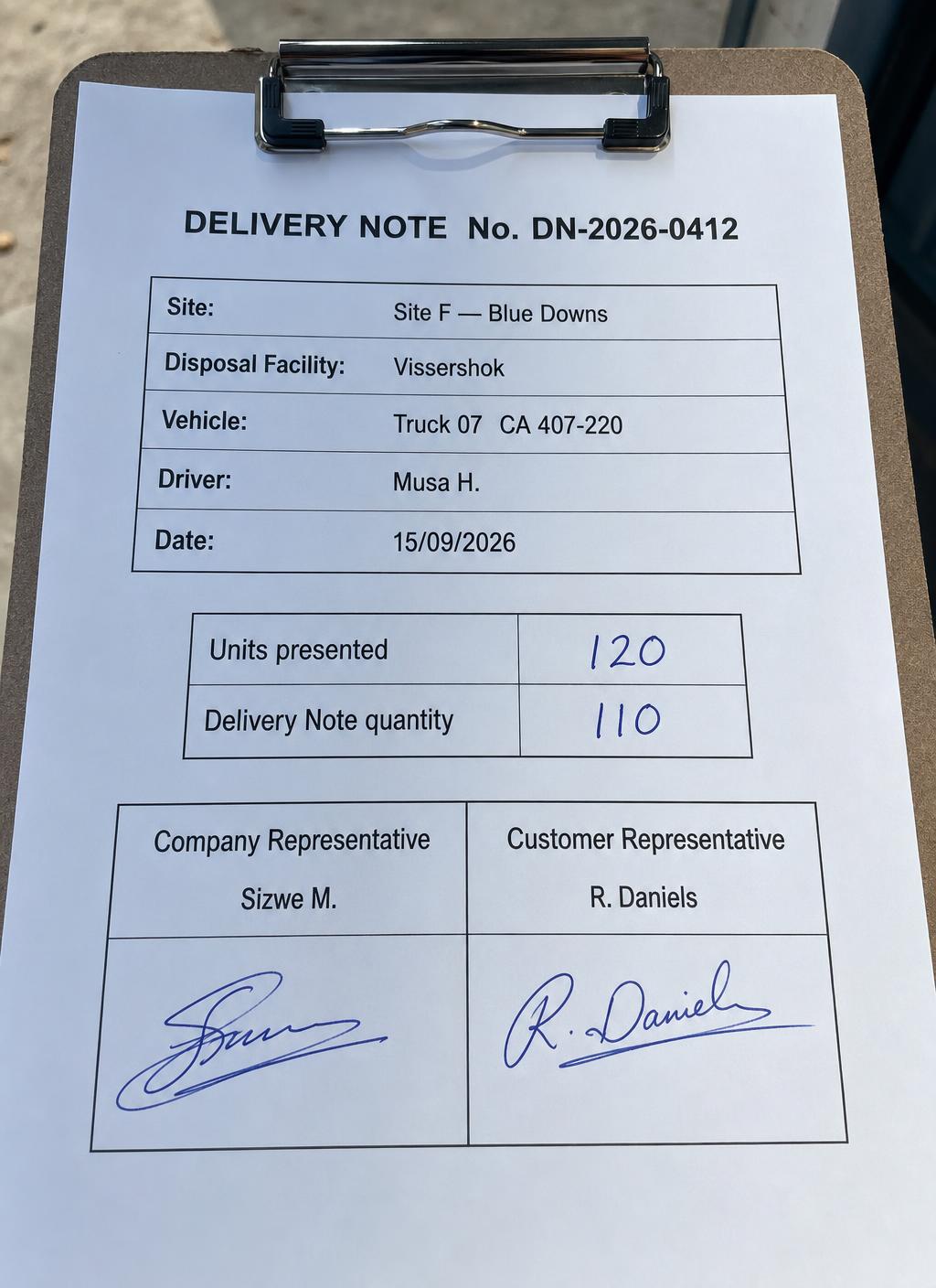 Signed Delivery Note DN-2026-0410 for Site J — Strand Industrial